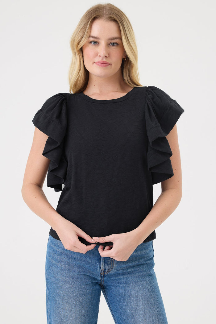 Signature Slub Waterfall Ruffle Shell - Goldie LeWinter #color_black
