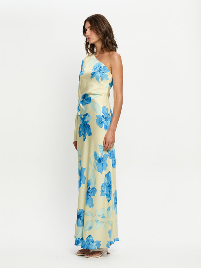 Woman wearing a floral dress with blue flowers on a white background