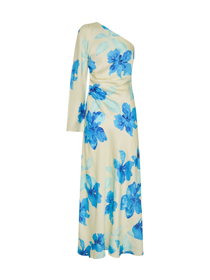 Floral dress with blue flowers on a white background