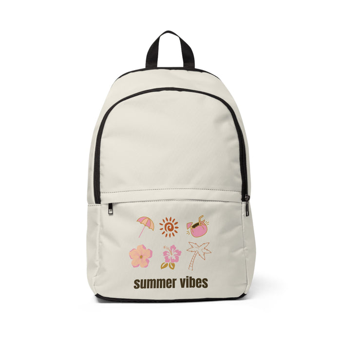 Summer Vibes Backpack — Beige Fabric Daypack with Beach Icons