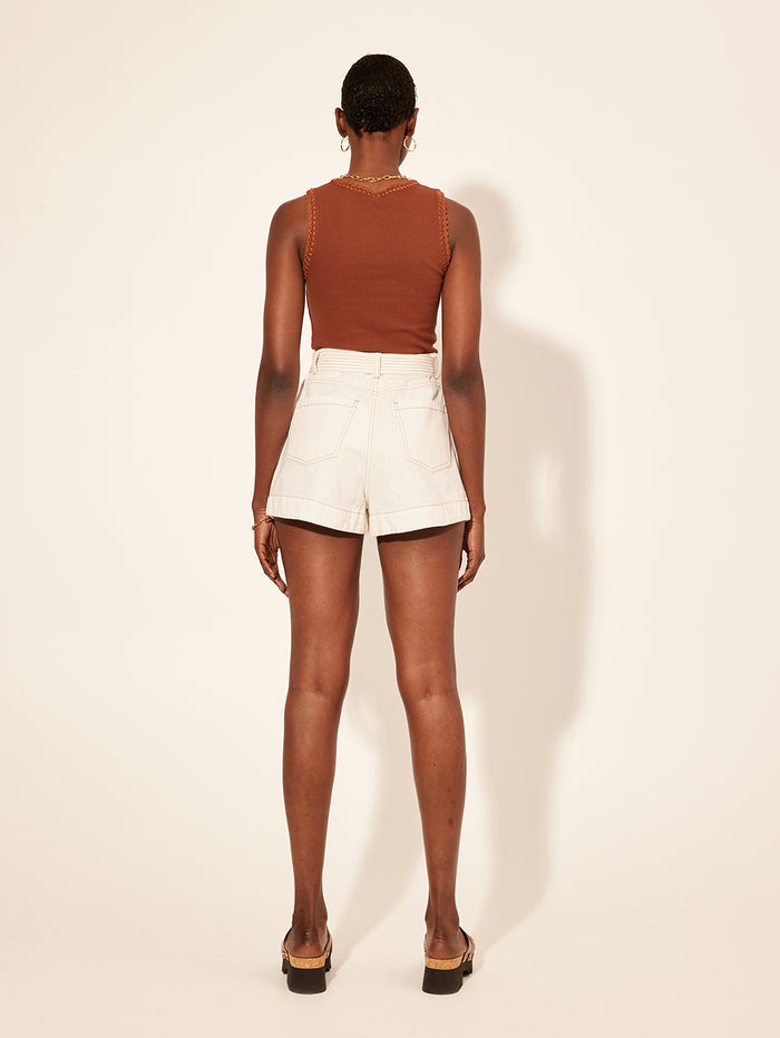 Tallulah High Neck Crop Tank Coffee KIVARI | Model wears brown high neck crop top back view