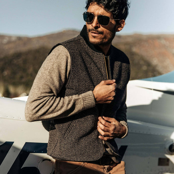 our fit model wearing The Able Vest in Wool Beach Cloth