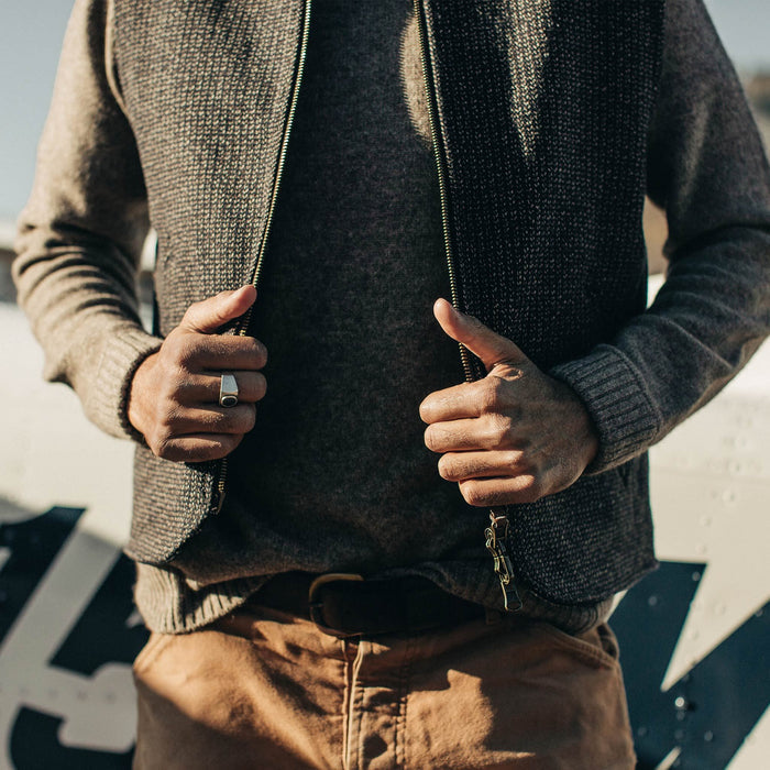 our fit model wearing The Able Vest in Wool Beach Cloth