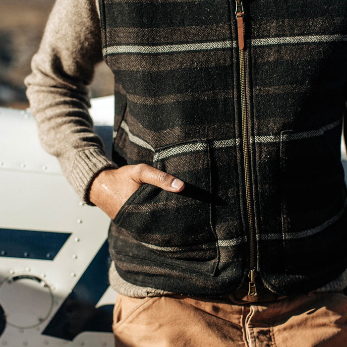 our fit model wearing The Able Vest in Wool Beach Cloth