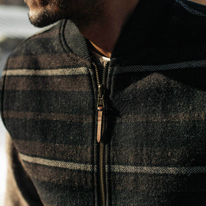 our fit model wearing The Able Vest in Wool Beach Cloth