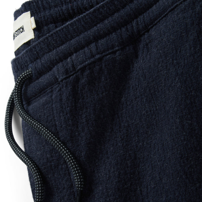 material shot of the drawstrings on The Apres Pant in Charcoal Double Cloth
