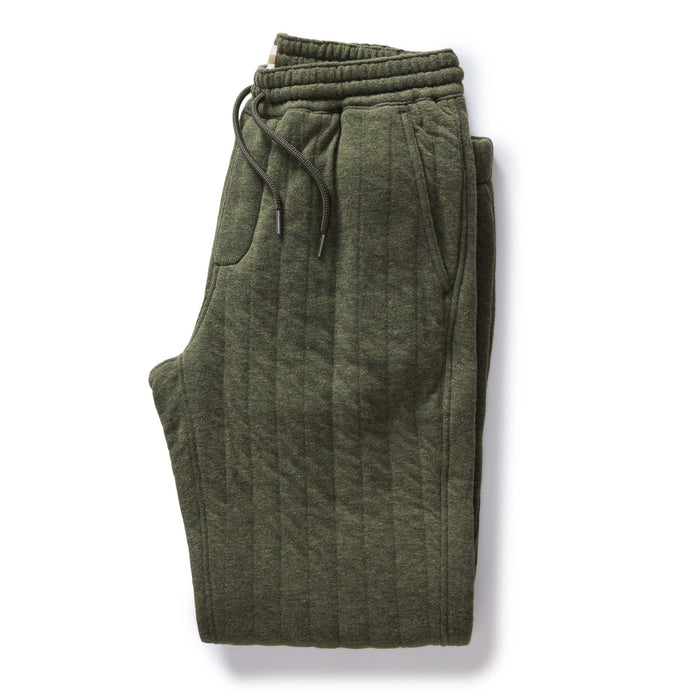 folded flatlay of The Quilted Apres Pant in Heather Fatigue Olive Jersey