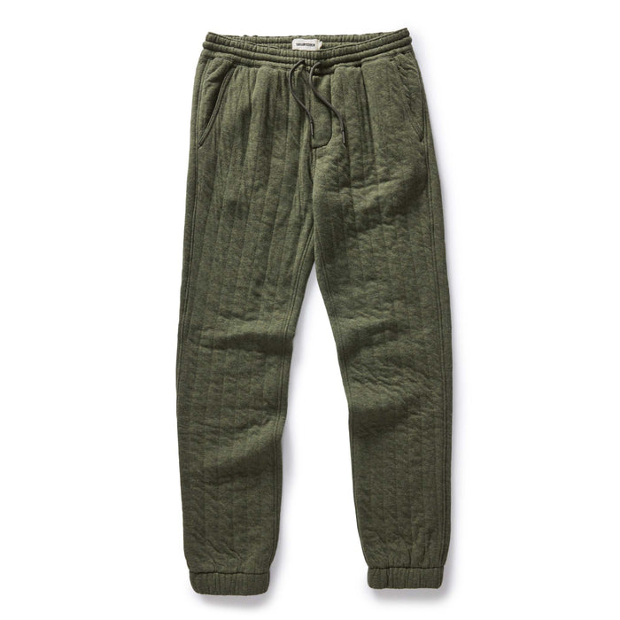 flatlay of The Quilted Apres Pant in Heather Fatigue Olive Jersey