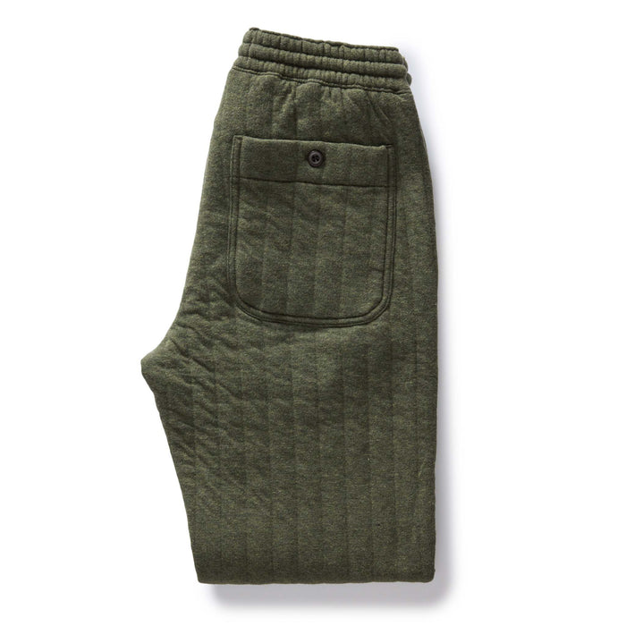 flatlay of the back of The Quilted Apres Pant in Heather Fatigue Olive Jersey