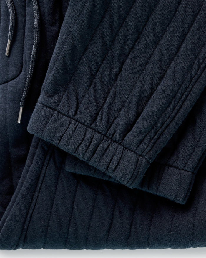material shot of the pocket on The Quilted Apres Pant in Heather Midnight Jersey