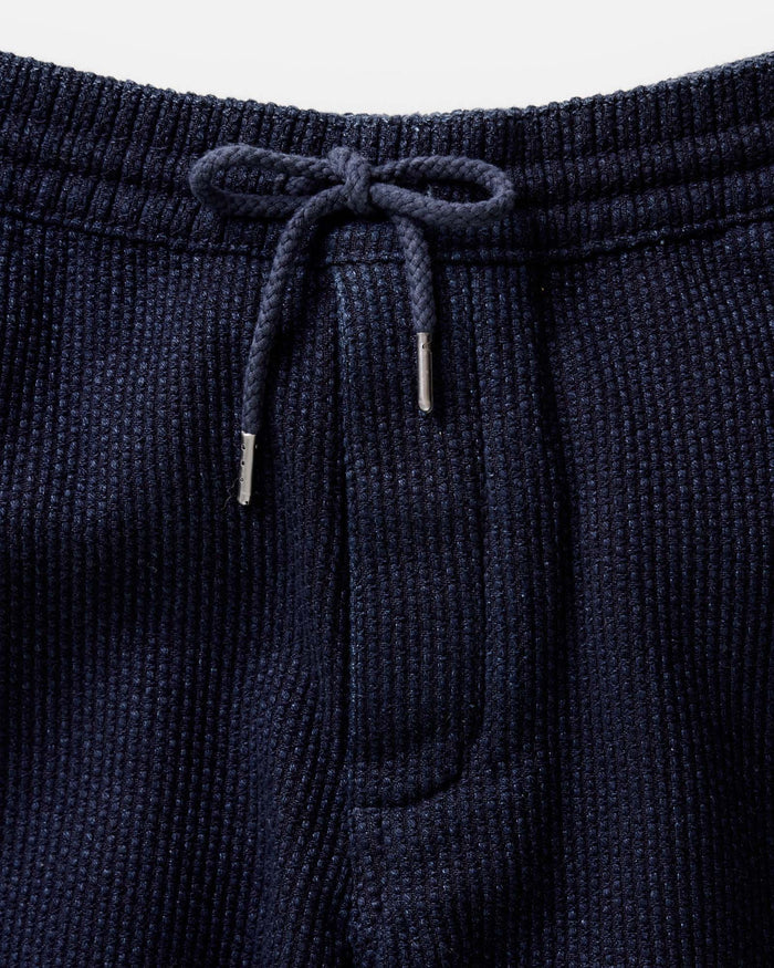 material shot of the fabric on The Apres Pant in Rinsed Indigo Sashiko