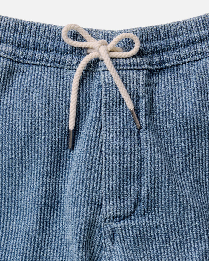 material shot of the waistband on The Apres Pant in Washed Indigo Sashiko