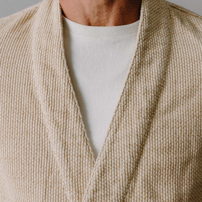fit model wearing The Apres Robe in Natural Sashiko tied