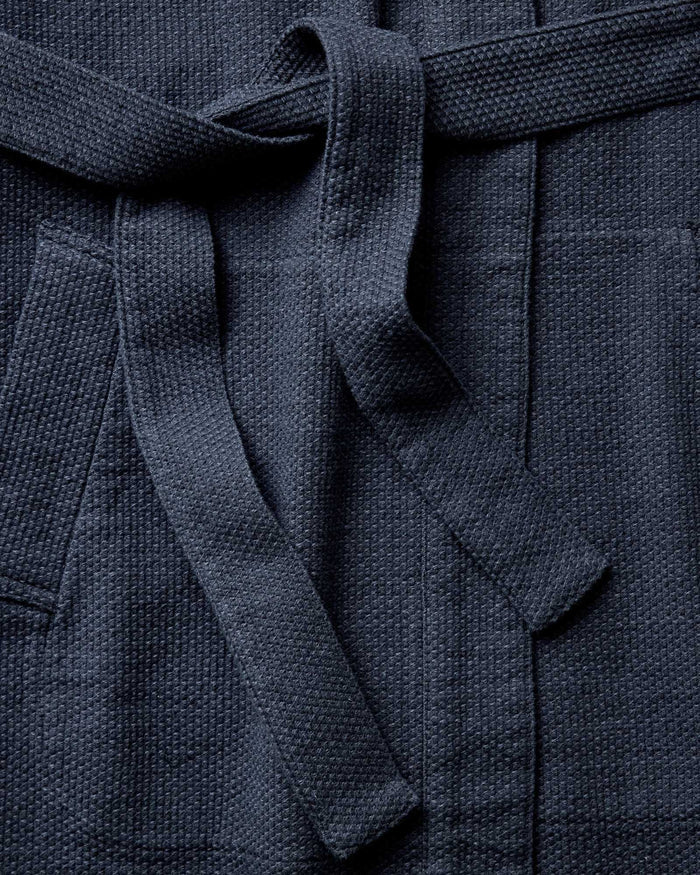 material shot of the tie on The Apres Robe in Navy Sashiko