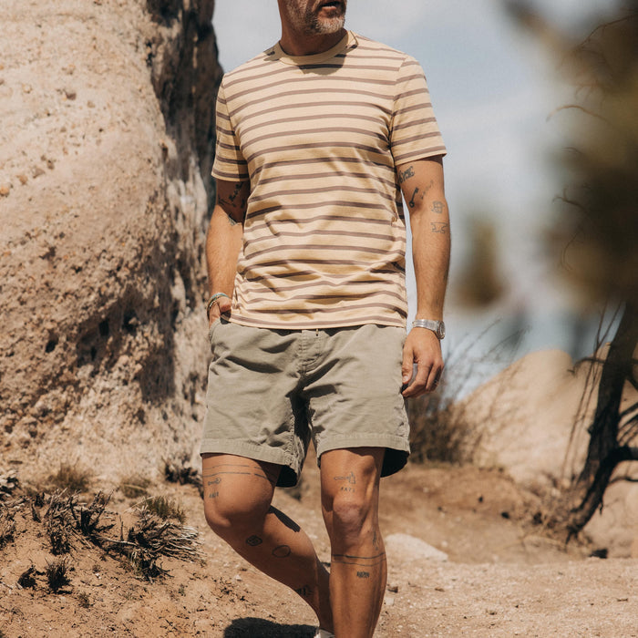 fit model walking in the desert in The Apres Short in Arid Eucalyptus Micro Cord