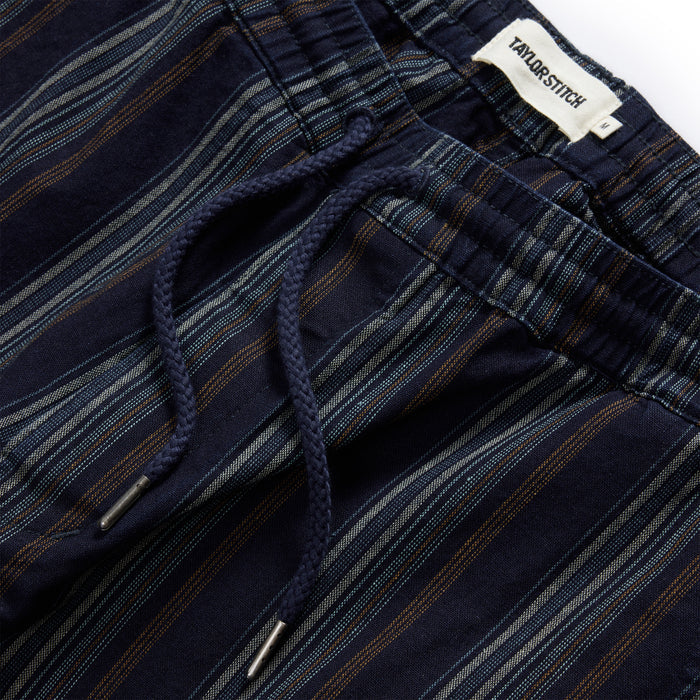 material shot of the drawcords on The Apres Short in Indigo Stripe