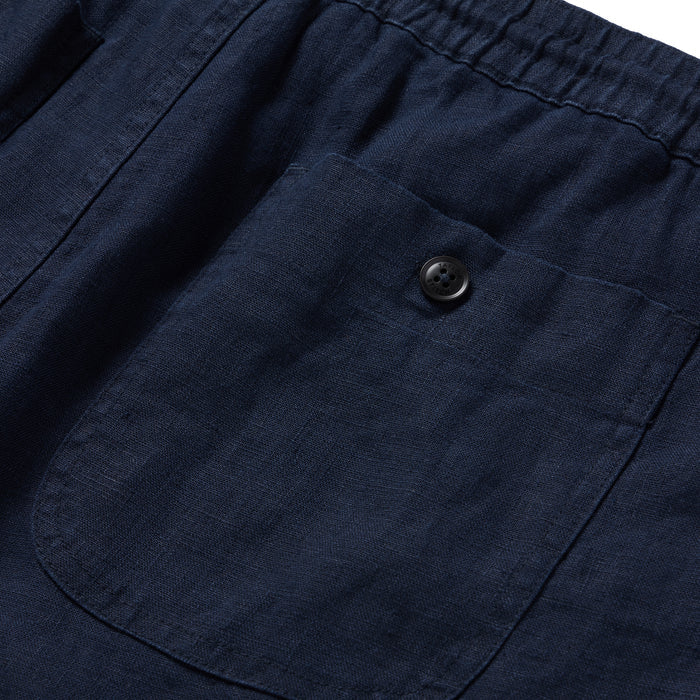 material shot of the rear pocket on The Apres Short in Navy Hemp