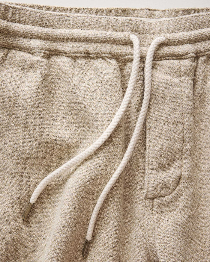 material shot of the waistband on The Apres Short in Oat Linen Tweed