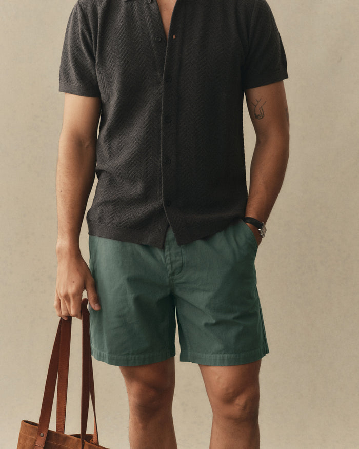 fit model posing in The Apres Short in Organic Deep Sea Foundation Twill