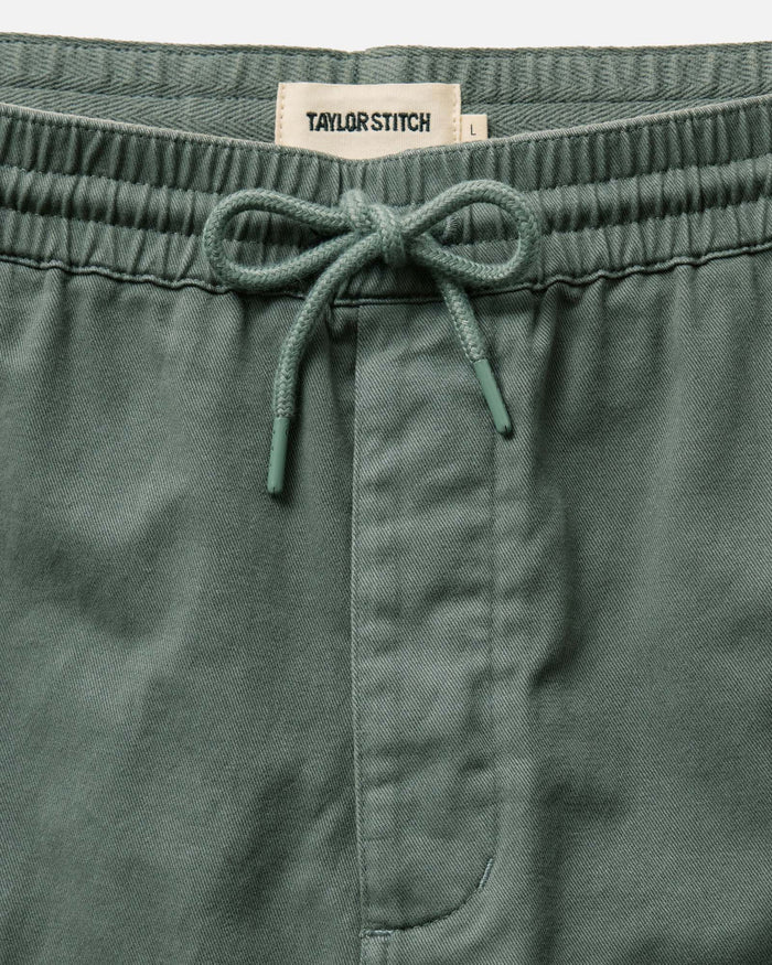 material shot of the waistband on The Apres Short in Organic Deep Sea Foundation Twill