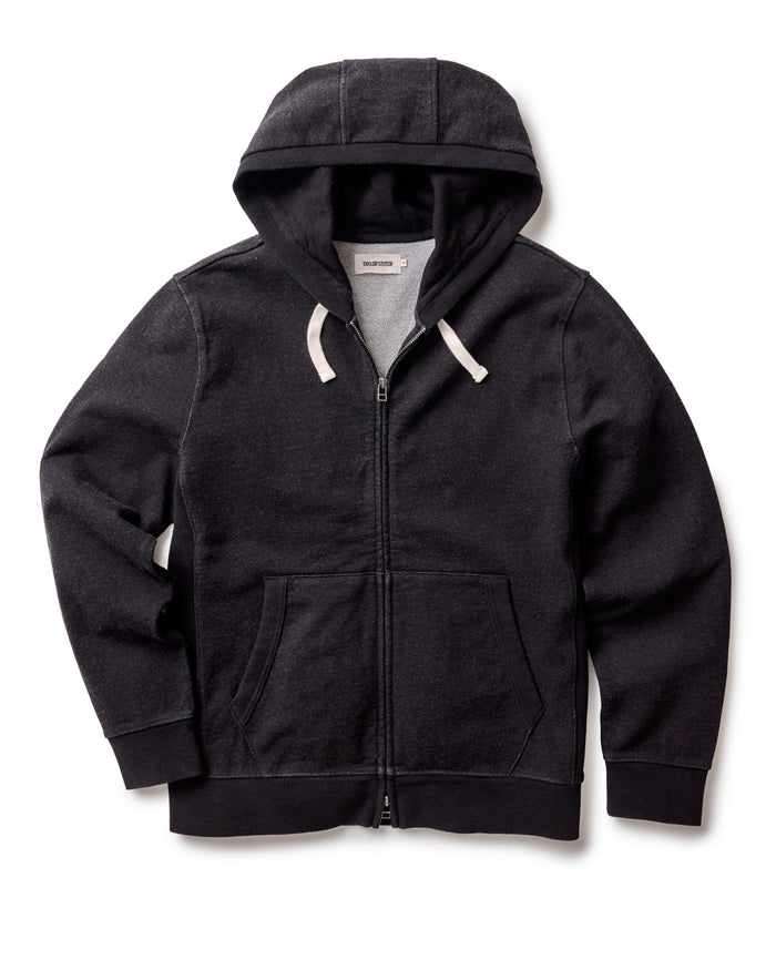 flatlay of The Apres Zip Hoodie in Black Indigo Terry