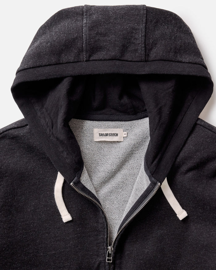 material shot of the hoodie wearing The Apres Zip Hoodie in Black Indigo Terry