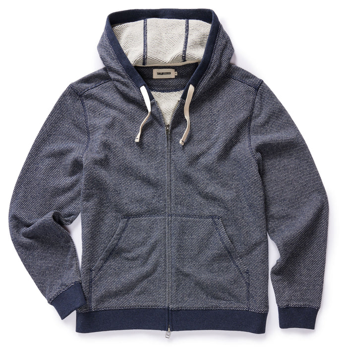 flatlay of The Apres Zip Hoodie in Heather Navy Terry