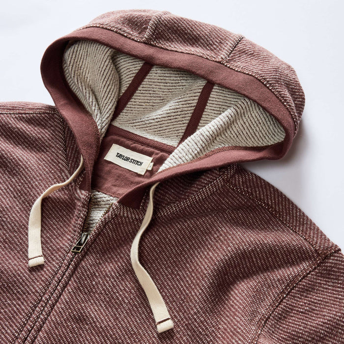 material shot of the hood on The Apres Zip Hoodie in Merlot French Terry Twill