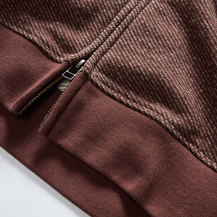 material shot of the zipper on The Apres Zip Hoodie in Merlot French Terry Twill