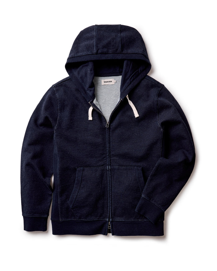 flatlay of The Apres Zip Hoodie in Rinsed Indigo Terry