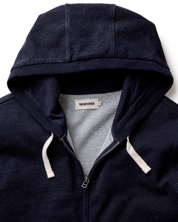 material shot of the hoodie on The Apres Zip Hoodie in Rinsed Indigo Terry