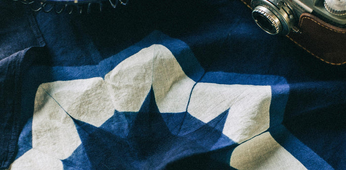 workshop header [tl] with The Bandana in Natural Indigo Geo laid flat