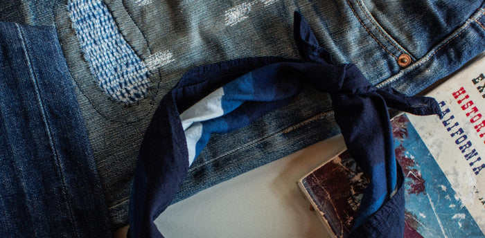 workshop header [tl] with The Bandana in Natural Indigo Petal rolled up