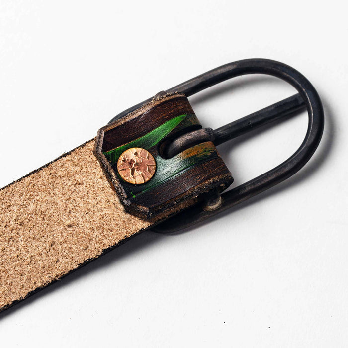studio shot of the buckle on The Stitched Belt in Jungle Stripe