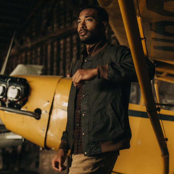 fit model wearing The Bomber Jacket in Bark EverWax