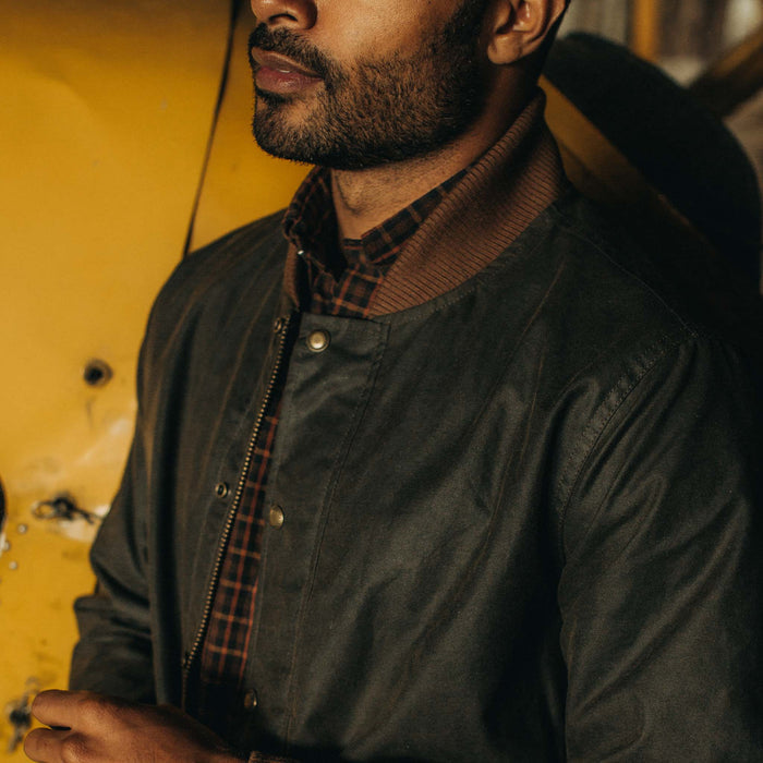 fit model showing the front of The Bomber Jacket in Bark EverWax