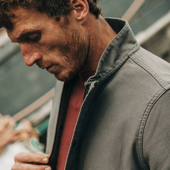 fit model wearing The Bomber Jacket in Charcoal Jungle Cloth, cropped close up of collar