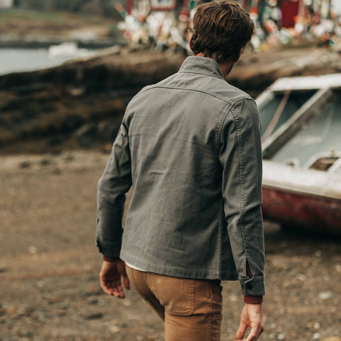 fit model wearing The Bomber Jacket in Charcoal Jungle Cloth, back shot