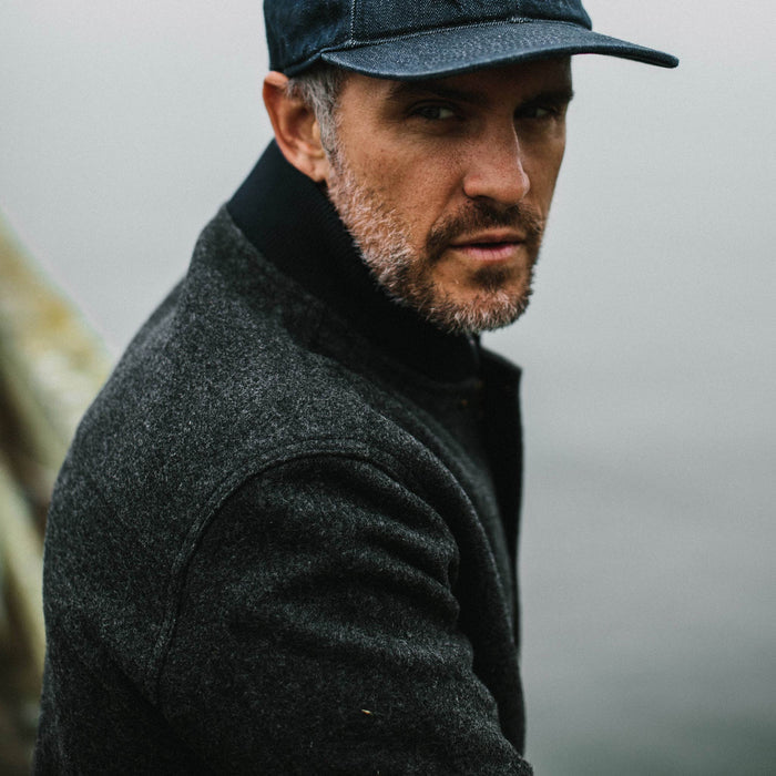 our fit model wearing The Bomber Jacket in Charcoal Wool