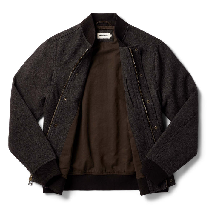 flatlay of The Bomber Jacket in Espresso Marl Wool open