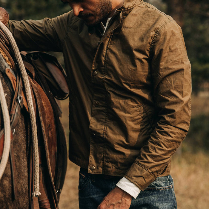fit model wearing The Bomber Jacket in Field Tan Wax Canvas, chest shot