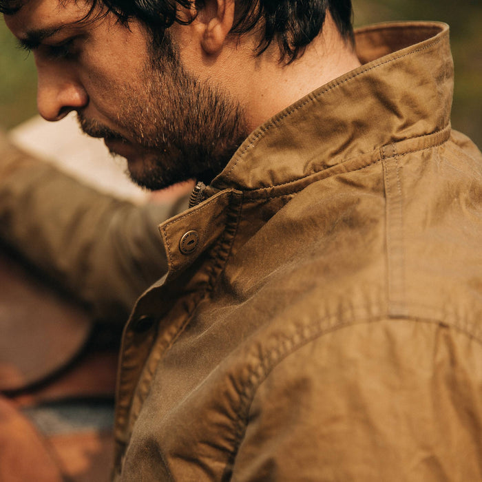 fit model wearing The Bomber Jacket in Field Tan Wax Canvas, side