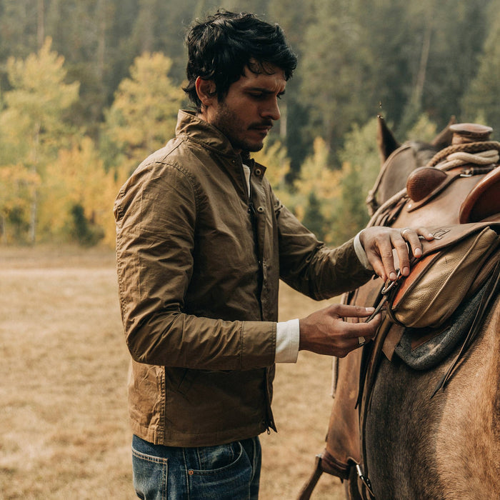 fit model wearing The Bomber Jacket in Field Tan Wax Canvas, right side