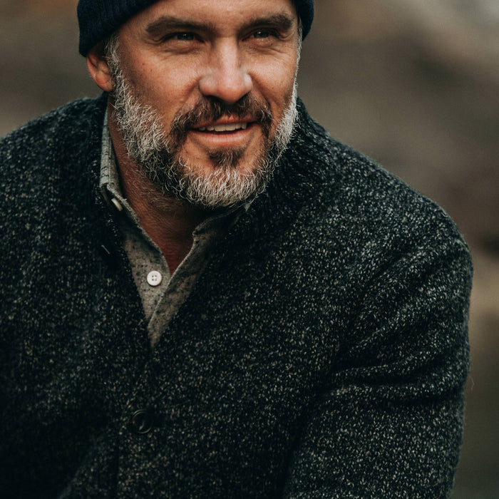 fit model wearing The Bomber Sweater in Black Sesame, close up
