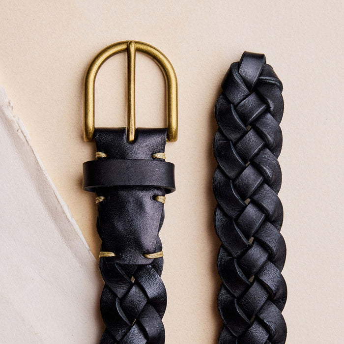 editorial flatlay of the buckle on The Braided Belt in Black
