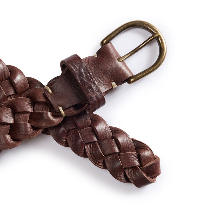 editorial image of the buckle and end of belt on The Braided Belt in Dark Brown