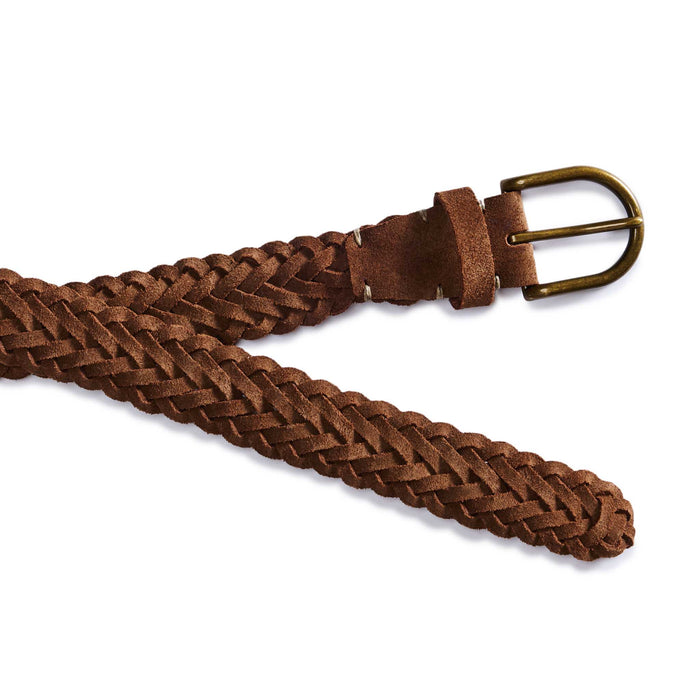 flatlay of the buckle and end of The Braided Belt in Tan Suede