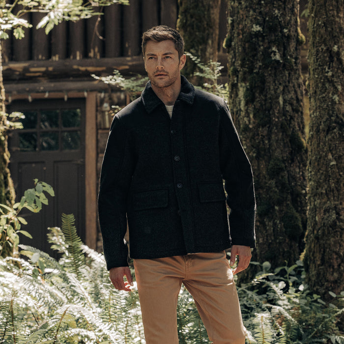 fit model walking in The Bunker Jacket in Coal