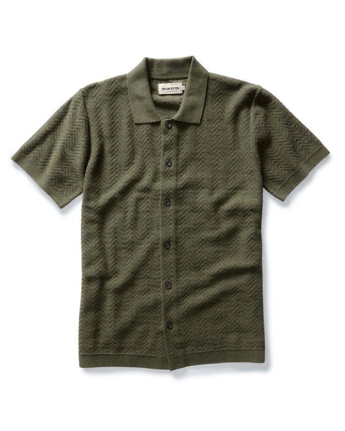 flatlay of The Button Down Polo in Cilantro Herringbone