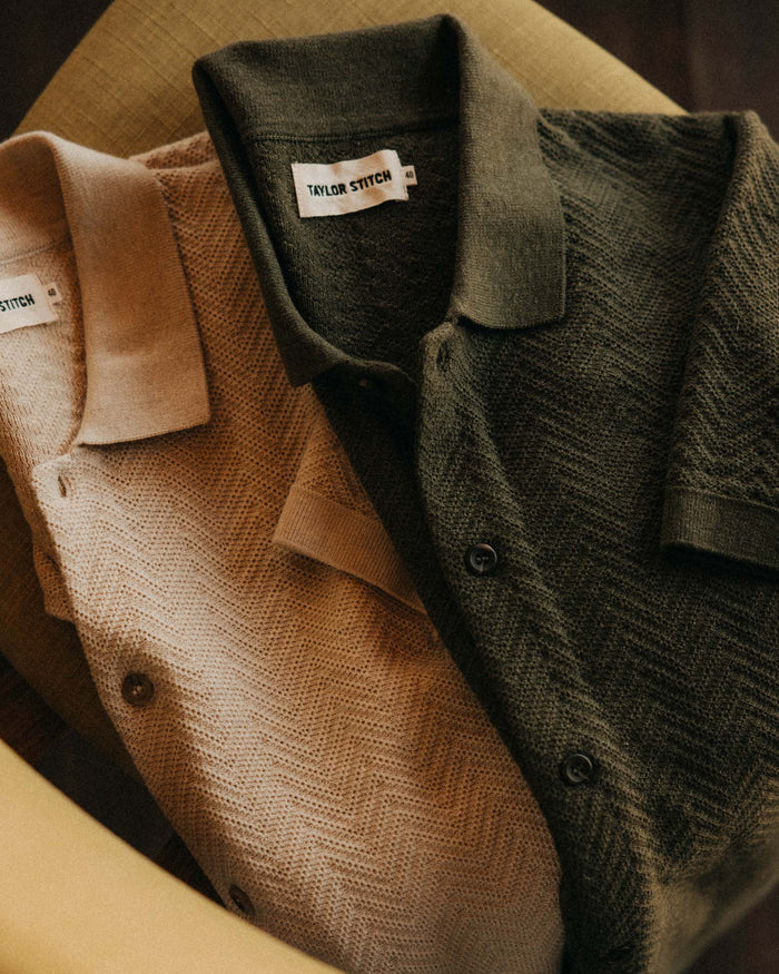 editorial flatlay of The Button Down Polo in Cilantro Herringbone